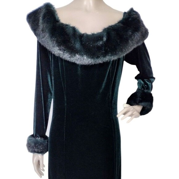 Vintage 80s 90s Aspeed Green Velvet Faux Fur Volump Bombshell Party Dress NEW - Picture 4 of 9